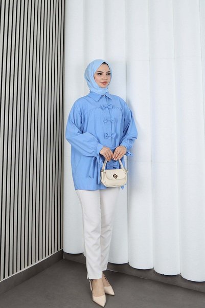 HNT Hayrunnisa Tesettür Bow Detailed Gathered Balloon Sleeve Tunic Baby Blue Hnt2128