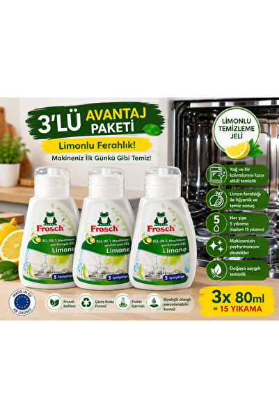 Frosch Hepsi Bir Arada Limonlu Bulaşık Makinesi Temizleme Jeli 80 ml (5 Yıkam...