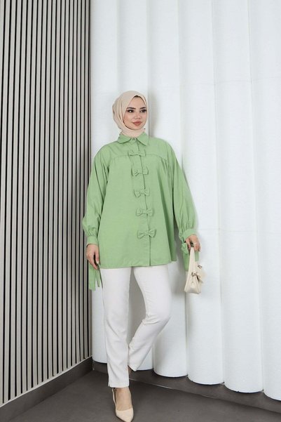 HNT Hayrunnisa Tesettür Bow Detailed Gathered Balloon Sleeve Tunic Green Hnt2128