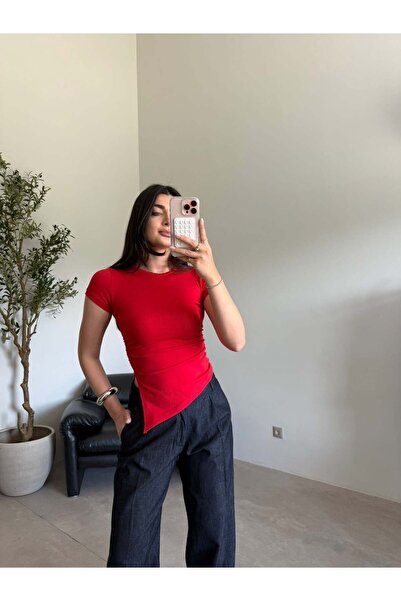 Bade Butik Red Asymmetrical T-Shirt with Gathered Sides