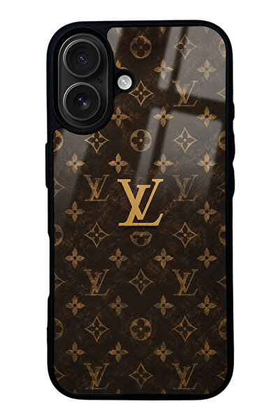 Spoyi iPhone 16 Brown Gold LV Tasarımlı Glossy Telefon Kılıfı