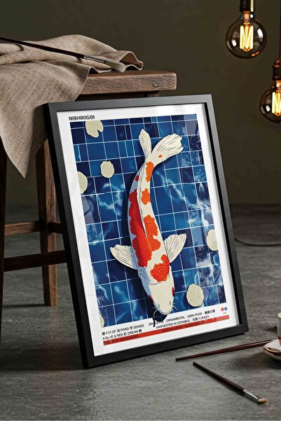 Buka Shops Koi Fish Painting Blue Pond – Modern Illustration Art Poster – Bla...