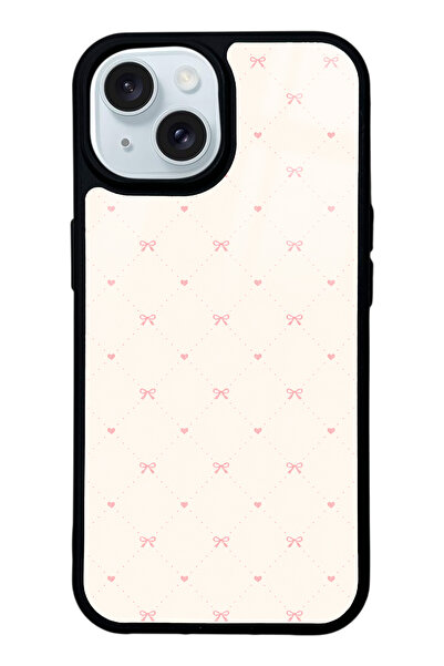 Spoyi iPhone 15 Cream Pink Coquette Pattern Tasarımlı Glossy Telefon Kılıfı