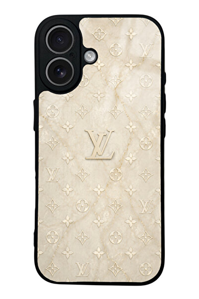 Spoyi iPhone 17 Krem Gold LV Tasarımlı Glossy Telefon Kılıfı