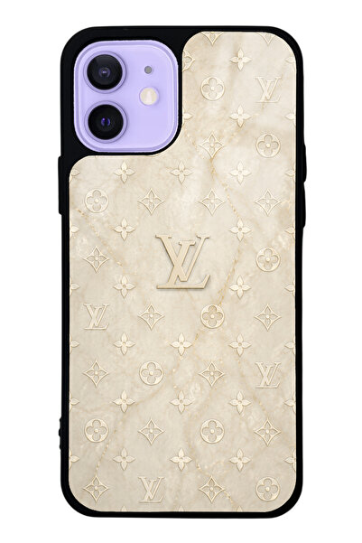 Spoyi iPhone 12 Krem Gold LV Tasarımlı Glossy Telefon Kılıfı