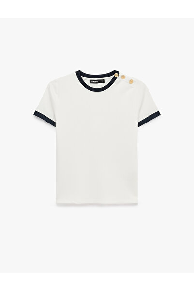 Koton Color Contrast Button Detailed Short Sleeve Crew Neck T-Shirt