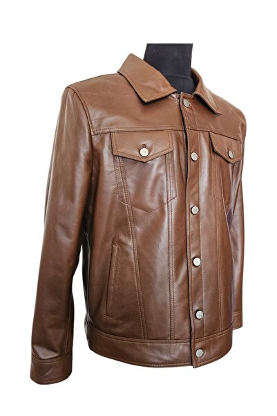 asus deri Logan - Genuine Leather Men's Brown Shirt Collar Buttoned Jacket