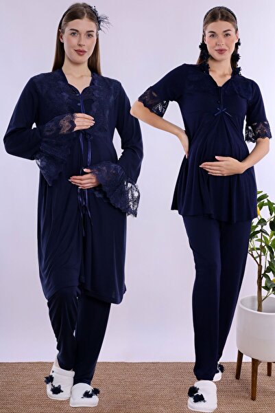 ByLohusa Cotton Maternity Pajama and Dressing Gown Set Effortt - Navy Blue