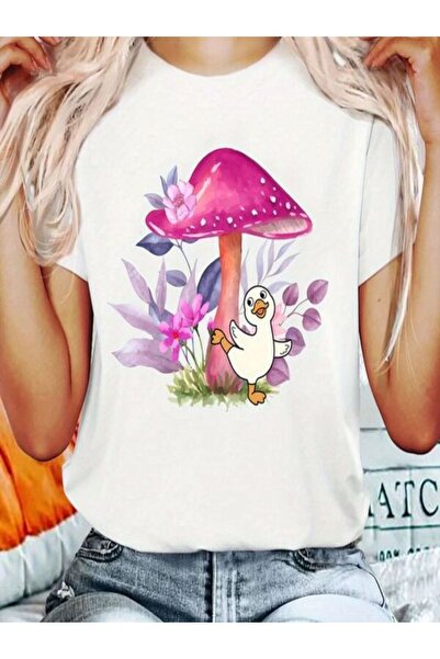 COZYWEAR White Oversize T-Shirt with Cute Duck and Mushroom Print