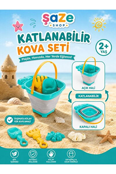 SAZE Katlanabilir Kova Plaj Seti 2+ Yaş Çocuk Kum Oyuncak Seti Kürek Tırmık D...