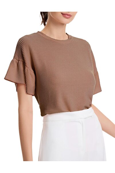 DRESSTELLS Bluza Dama, Material Tricotat Cu Nervuri, Guler Rotund, Maneca Scu...
