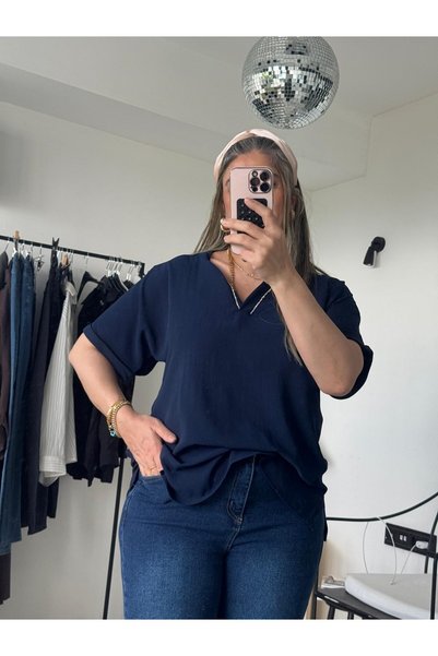 Bade Butik Navy Blue V-Neck Stoned Big Size Blouse