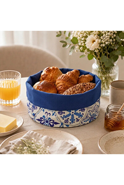 desenizmir Double-Sided Bread Basket with Blue Hexagonal Pattern, Multi-Purpo...