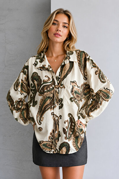 İLKCET MODA Paisley ekru vintage majica veće veličine