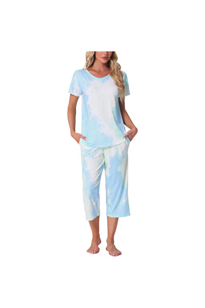 OEM Pijama Damă din Două Piese Set Confortabil Tie Dye Alb Albastru S