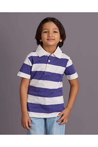REDTAG Boys Navy And White Striped Polo T-shirt