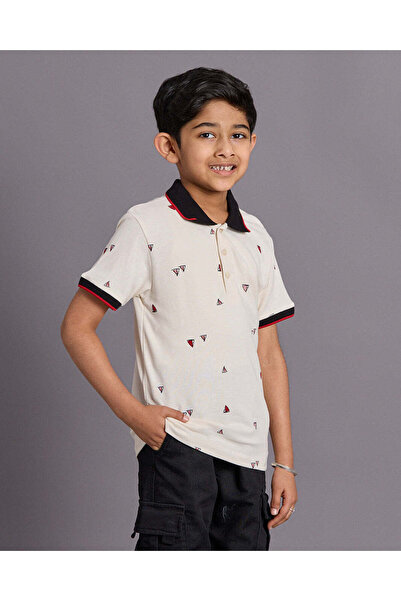 REDTAG Boys Beige Printed Polo Shirt