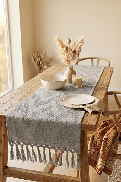 morlina home Zigzag Desenli Püsküllü Masa Örtüsü Dekoratif Salon ve Mutfak Ma...