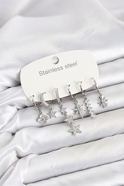 Clariss 316L Steel Silver Color Zircon Stone Star Detailed Women's Earring Set