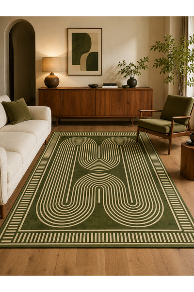 Homeilla Geometrik Kemer Desenli Zeytin Yeşili Dekoratif Halı