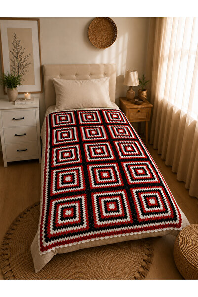 BY AKTEPE STORE El Yapımı Granny Square Motifli Tek Kiişilik Örgü Battaniye –...