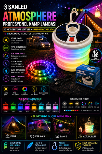 ŞANLED Şarjlı RGB Şerit Led ve 3 Renkli ampul