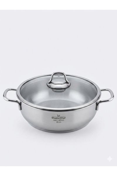 OEM Masterchef 28 cm Paslanmaz Çelik Basık Tencere - Cam Kapaklı Pilav ve Kar...
