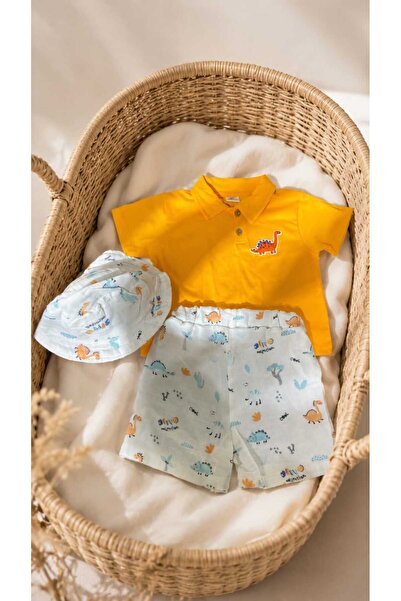 BEBEXO KIDS Erkek Bebek Dinazor Baskılı Şort-Tişört-Şapka 3lü Takım 6-9-12-18 Ay