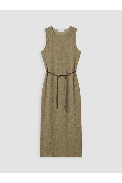 LC Waikiki Khaki Crew Neck Belted Textured Dress