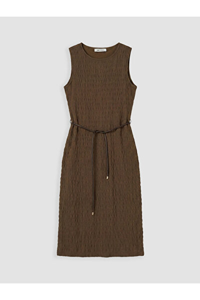 LC Waikiki Brown Crew Neck Belted Textured Dress