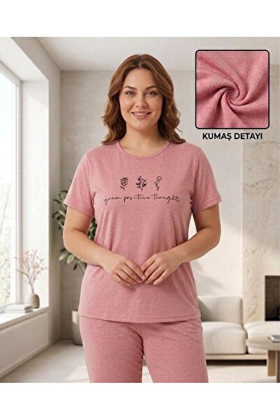 sleeproom Pink Short Sleeve Plus Size Floral Patterned Pajama Set