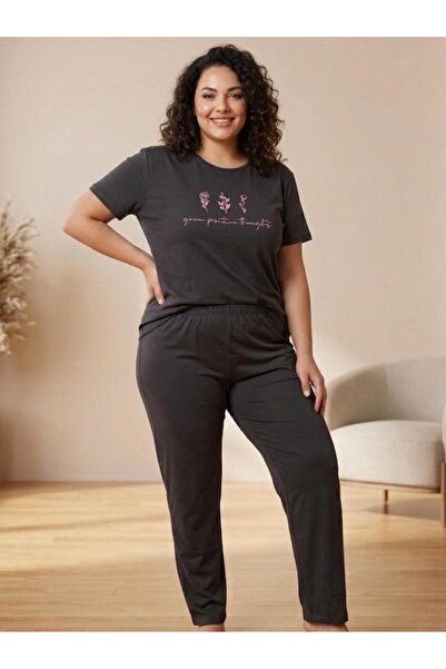 sleeproom Black Short Sleeve Plus Size Floral Patterned Pajama Set