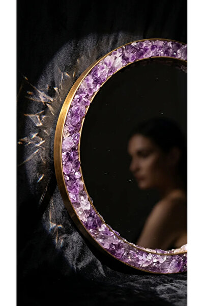 mehlika atelier Doğal Ametist Taşlı Siyah Metal Oval Dekoratif Ayna