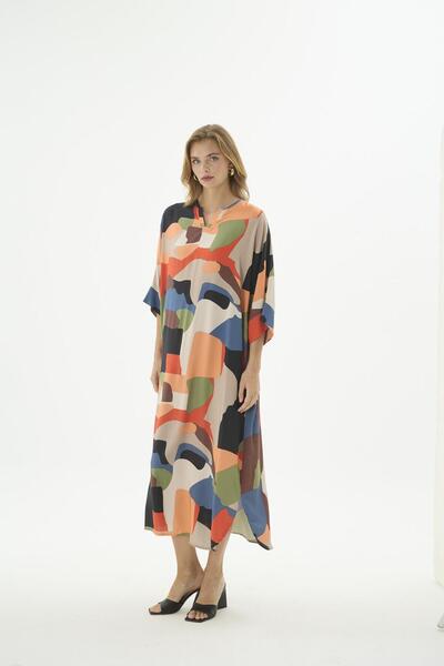 GİZZEY Women's Patterned Long Dress Capri Sleeve Relaxed Cut Casual Dress C8T...