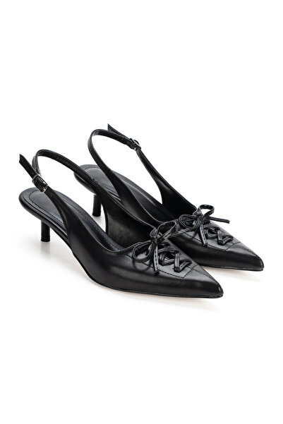 MFT AYAKKABI Women's Black Lace-Up Ribbon Detailed Pointed Toe Low Heel Shoes