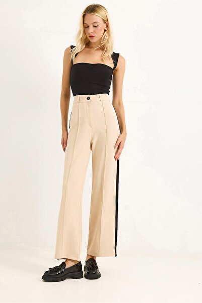 Raneel Kazançlı Alışveriş Women's Wide Leg Pants with Side Stripes, Cream Color