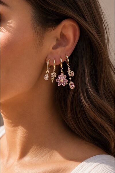 Clariss 316L Çelik Gold Renk Pembe Zirkon Taşlı Lotus Detaylı Kadın Küpe Seti