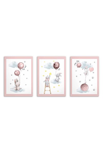 Naklejkomania Set postere pentru copii, Iepurasi si baloane roz pastel 50x70cm
