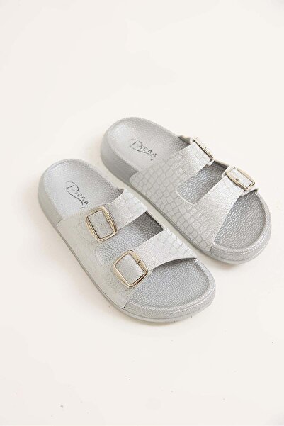 Raneel Kazançlı Alışveriş Double strap buckle comfortable sole slippers silver