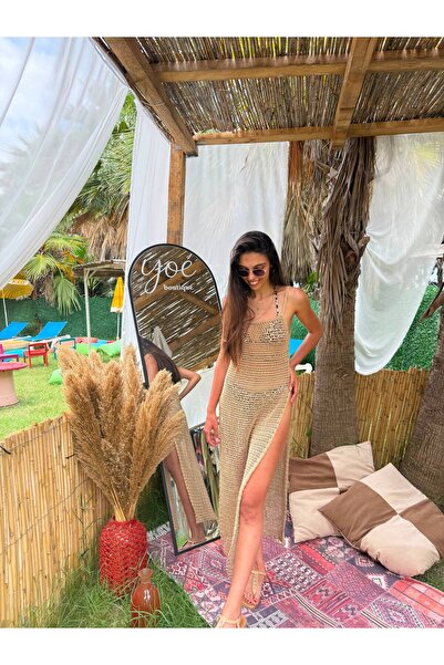 yoe butik Bej Delikli Model Uzun Çift Derin Yırtmaçlı Plaj Elbisesi