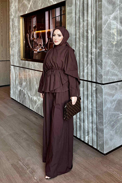 İmajButik Brown Bat Sleeve Trousers Poncho Set