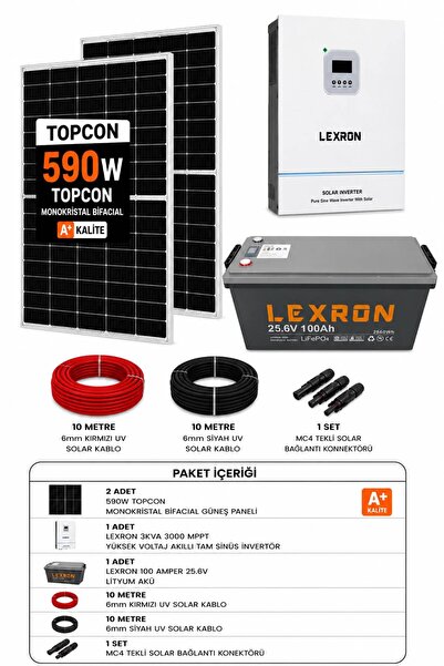 Lexron 3kva 3000w Mppt + 25.6v 100ah Lityum Akü + 2x590w Güneş Paneli Solar E...