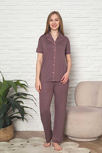 ALİMER Women's Pajama Set - Dried Rose Polka Dot Front Buttoned Short Sleeve ...