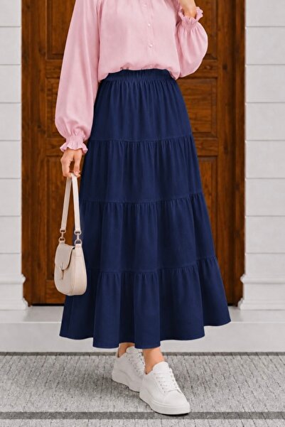 İmajButik Dark Navy Blue Layered Gathered Muslin Skirt