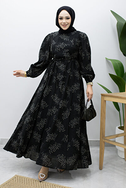 Tesettür Dünyası Lined Branch Patterned Dress Tsd260238 Black