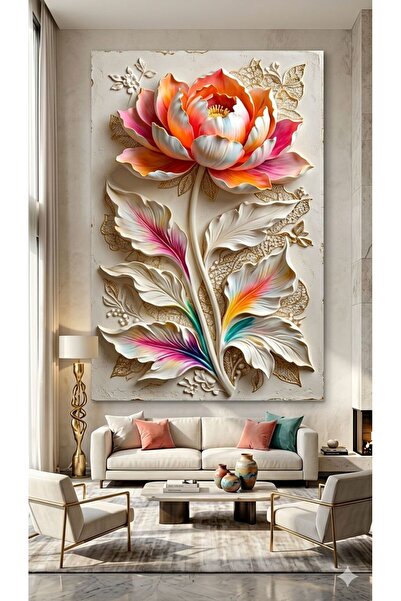 zeyrada Premium 3D Kabartma Görünümlü Renkli Yapraklı Şakayık Çiçeği Modern D...