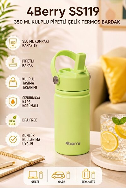 4 Berry Mini Termos Bardak 350 ml Pipetli Kulplu Çelik Gövde Su Matarası Yeşil