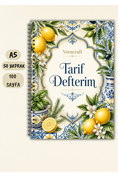 VORACRAFT Limon Temalı Yemek Tarif Defteri, 50 Yaprak /100 Sayfa, A5 / Tel Sp...