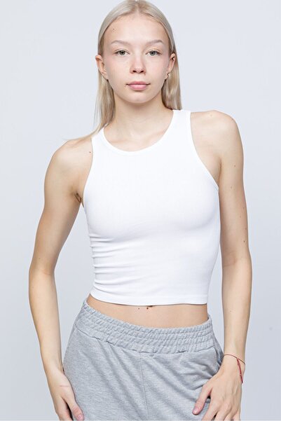 OBJE Women's White Ribbed Zero Sleeve Crop Tank Top