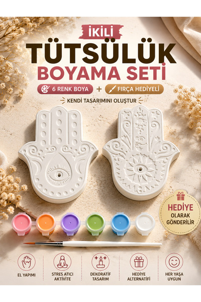 LORİCA İkili Tütsülük Boyama Seti | 2 Adet Fatma Ana Eli Tütsülük, 6 Renk Boy...